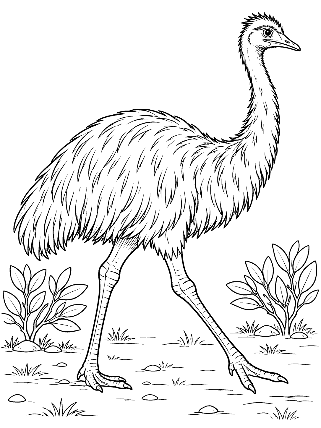 Emu walking between two bushes coloring page
