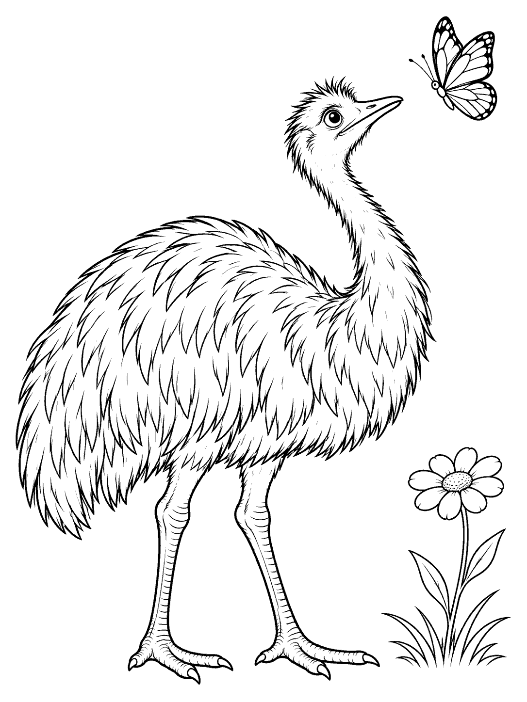 Full-body emu looking up at a butterfly beside a wildflower coloring page