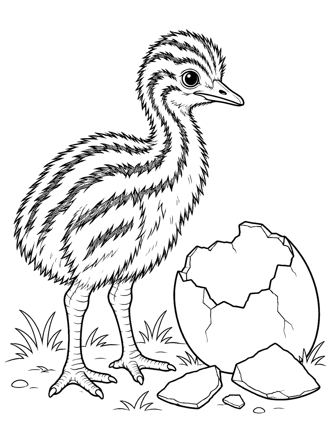Striped emu chick standing beside a cracked eggshell with shell pieces nearby, in black-and-white coloring page line art.