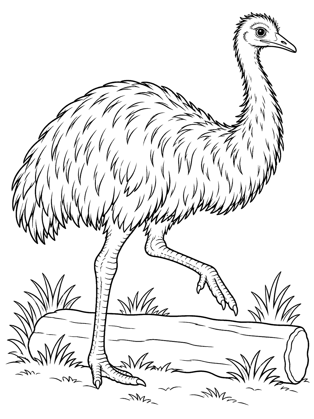 Adult emu lifting one leg over a fallen log in a black-and-white coloring page.