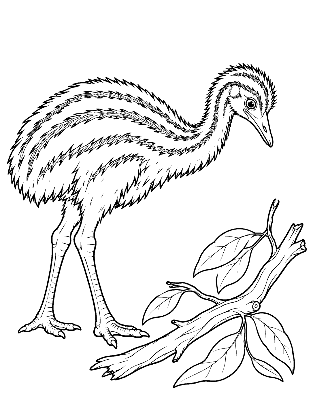Young emu looking toward a leafy branch on a printable coloring page