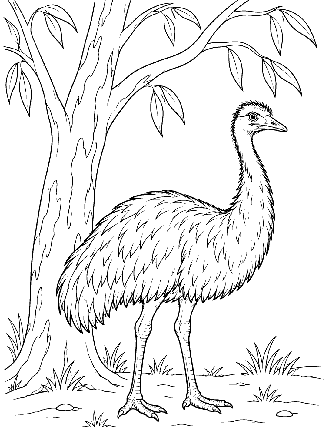 Full-body emu beside a gum tree with broad leaves in a printable coloring page.
