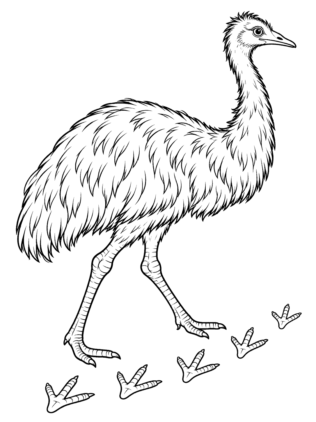 Black-and-white emu coloring page with five three-toed footprints