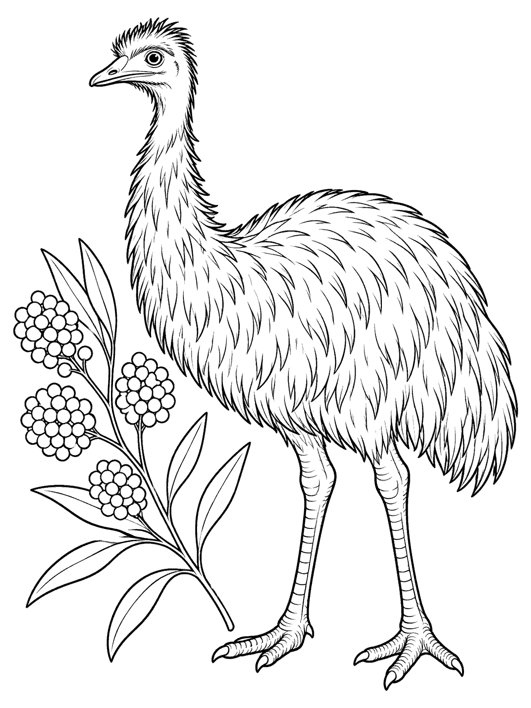 Emu beside wattle flowers coloring page