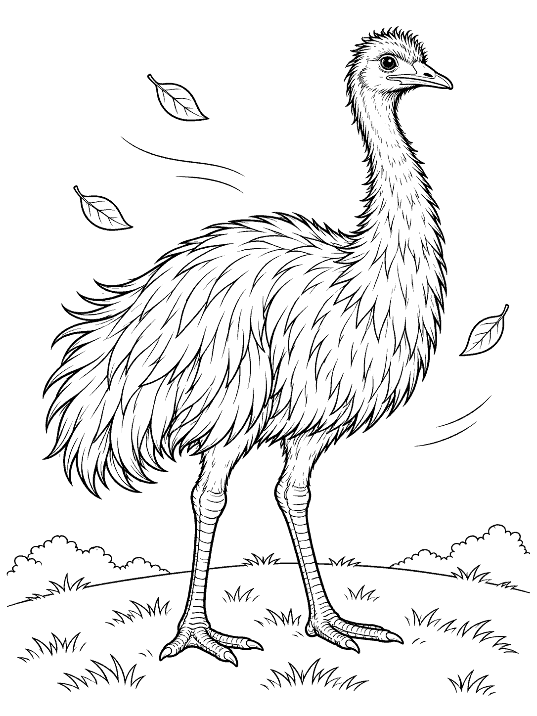 Black-and-white emu coloring page showing a feathered emu on a low grassy hill with three drifting leaves and light wind lines.