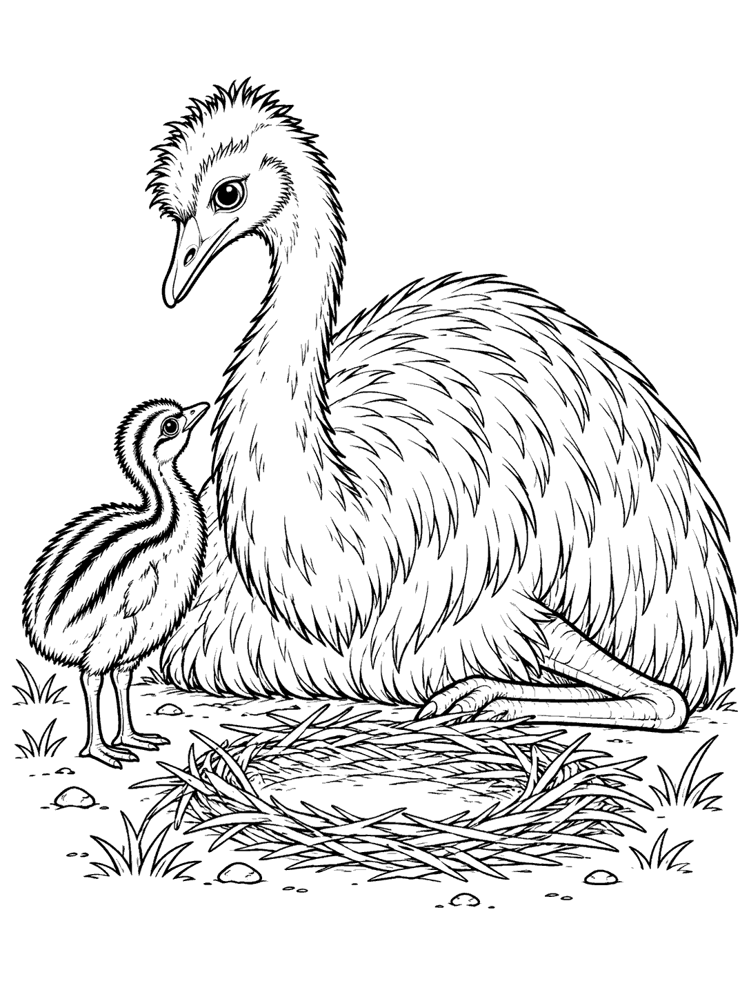 Black and white coloring page of a seated adult emu beside one striped chick and a shallow nest without eggs