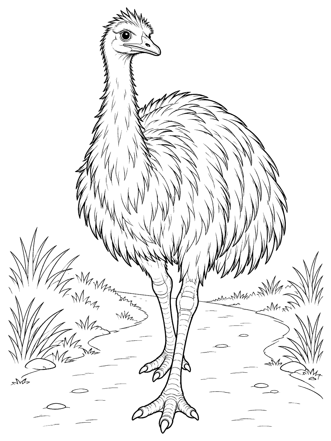 Adult emu strolling toward the viewer on a curving path, with low grasses, in a coloring page.