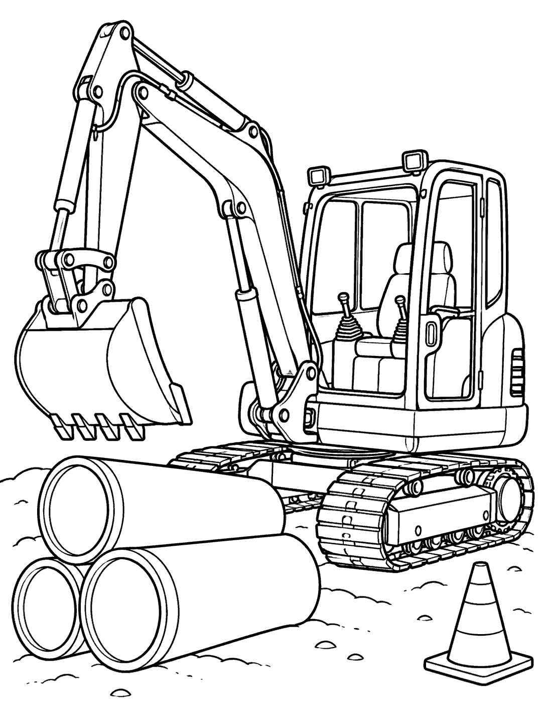 Black-and-white coloring page showing a tracked excavator beside three construction pipes and a safety cone