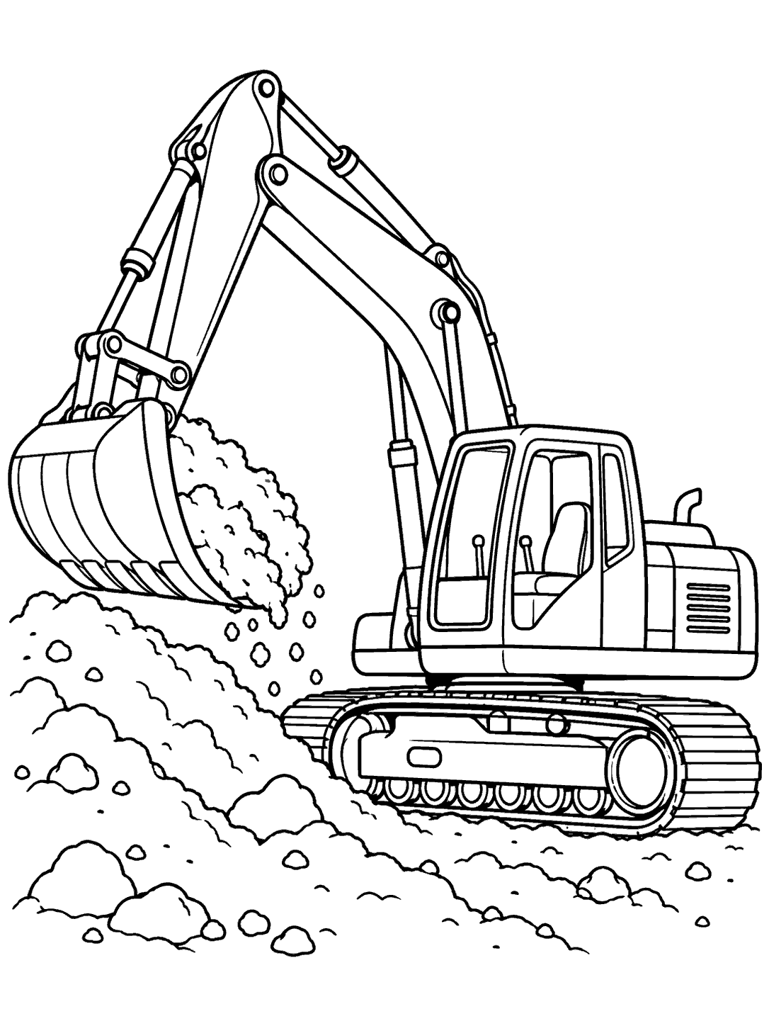Tracked excavator in side view scooping into a large mound of earth, in black-and-white coloring page line art.