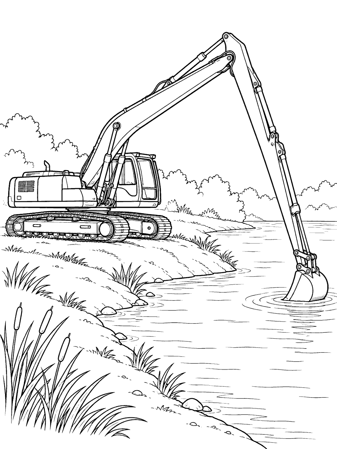 Black-and-white coloring page showing a long-reach tracked excavator beside a river, its bucket dipping into the water.