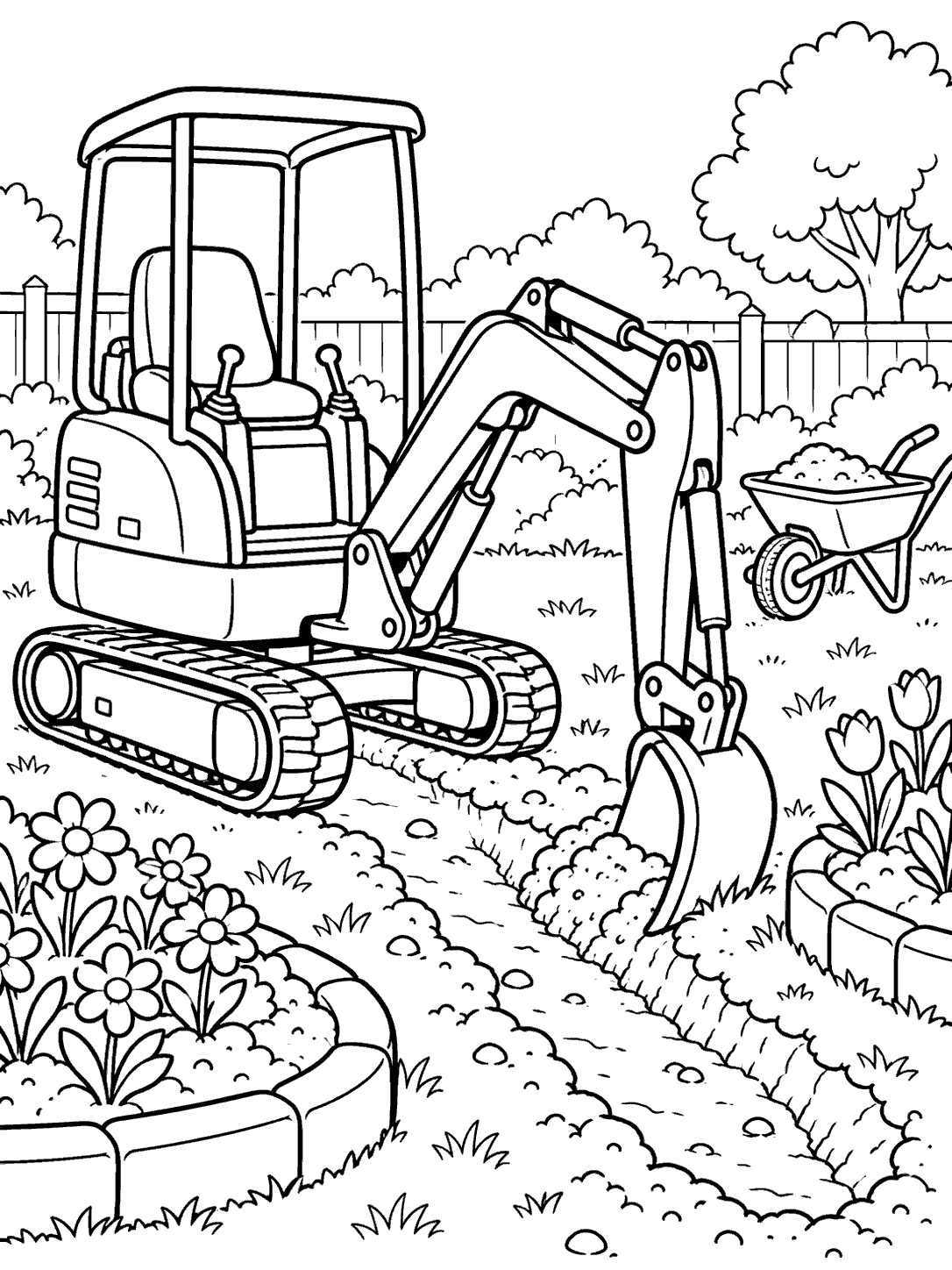 Black outline coloring page of a mini excavator digging a garden path, with flower beds, a wheelbarrow, fence, and tree.