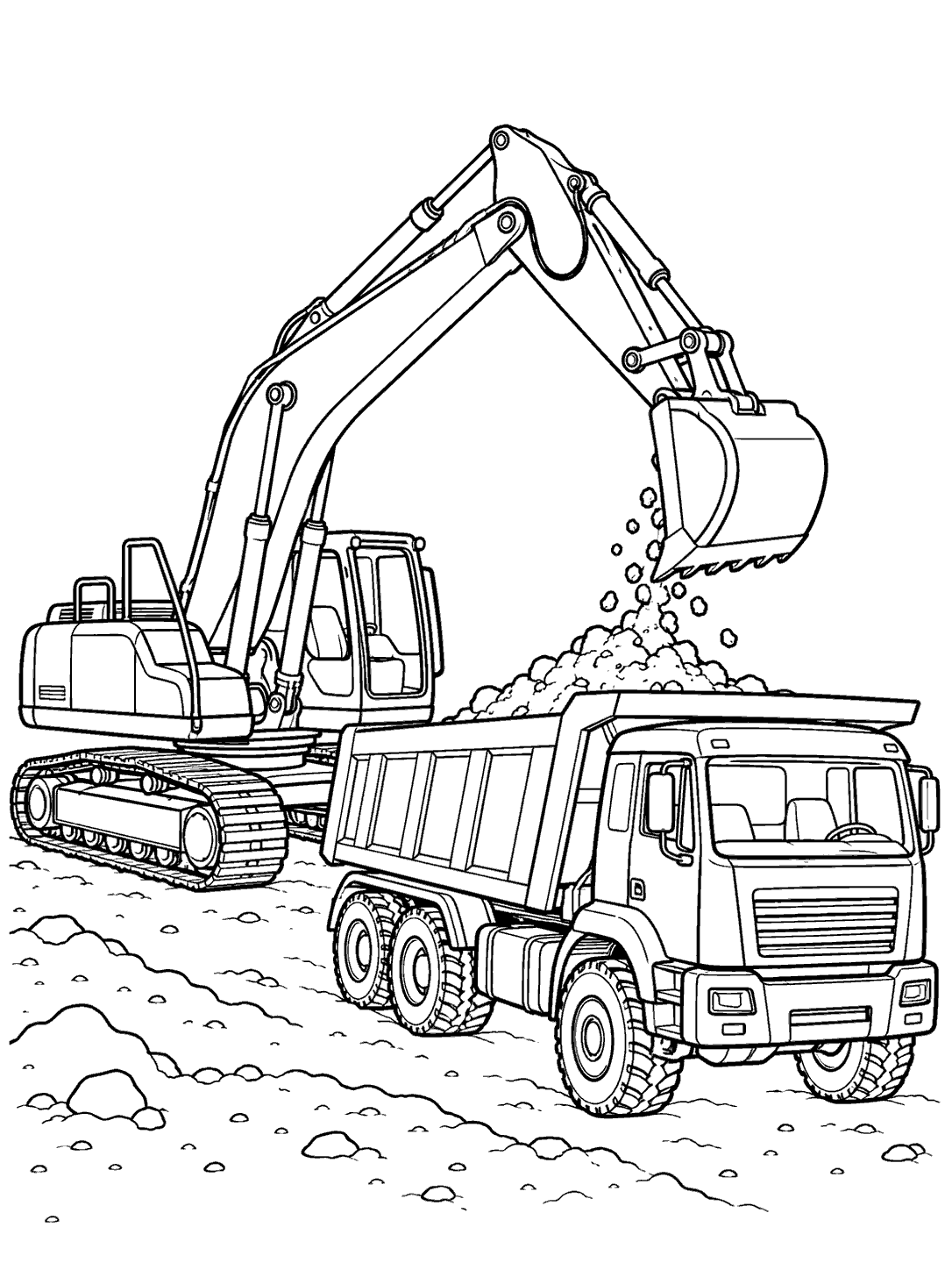 Excavator loading soil into a dump truck coloring page