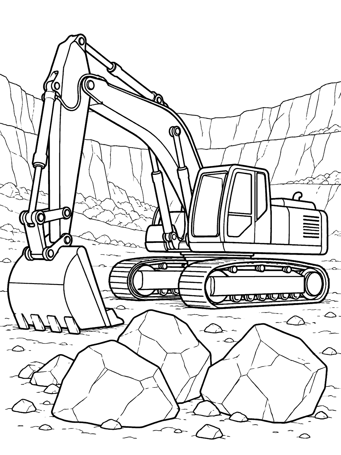 Black and white coloring page of a side-view excavator with its bucket on the ground beside three large rocks in a quarry.