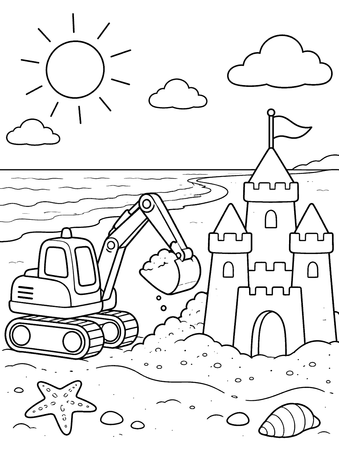 Small excavator lifting sand beside a turreted sandcastle on the beach coloring page