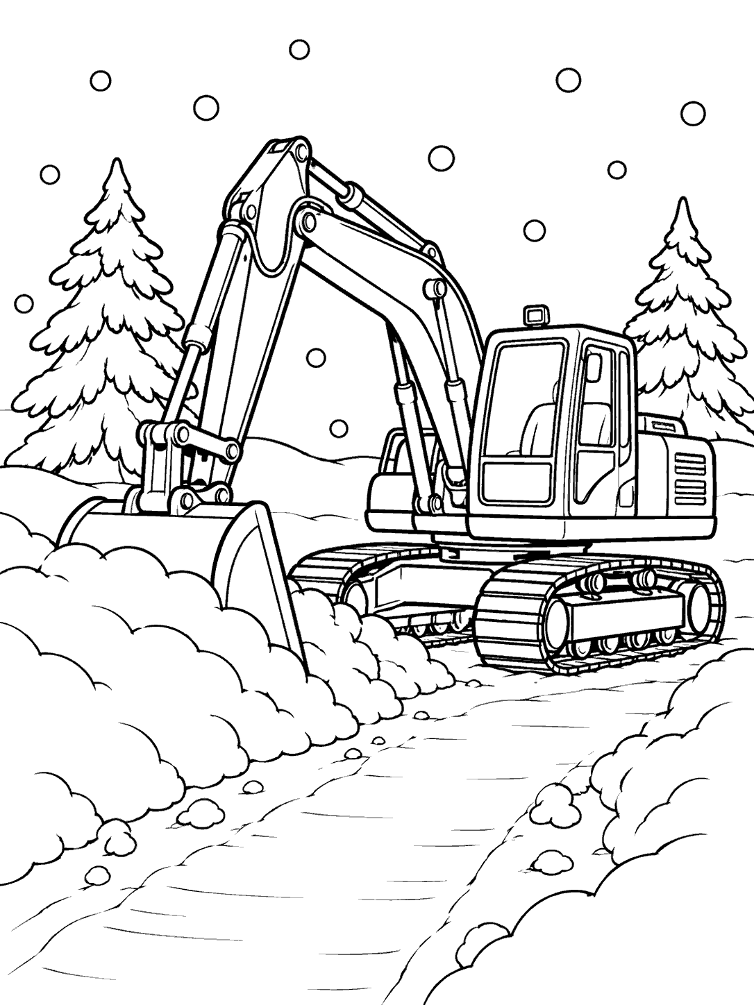 Tracked excavator pushing aside a snowbank on a snowy path between pine trees, with falling snowflakes.
