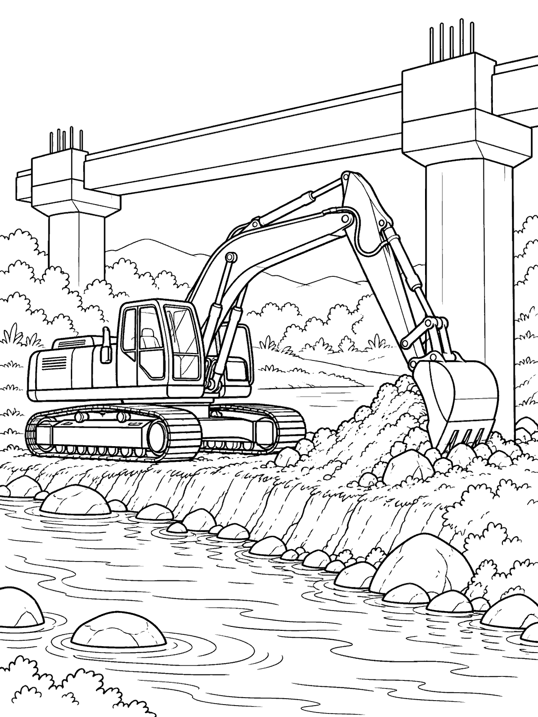 Black and white excavator coloring page showing the full machine digging beside a bridge support above a rippling stream.