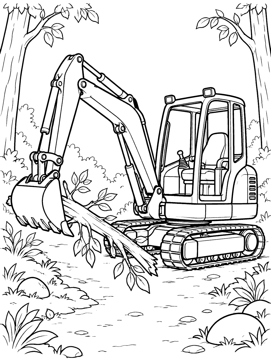Black-and-white coloring page of a compact excavator lifting a leafy fallen branch on a forest trail, framed by two tree trunks.
