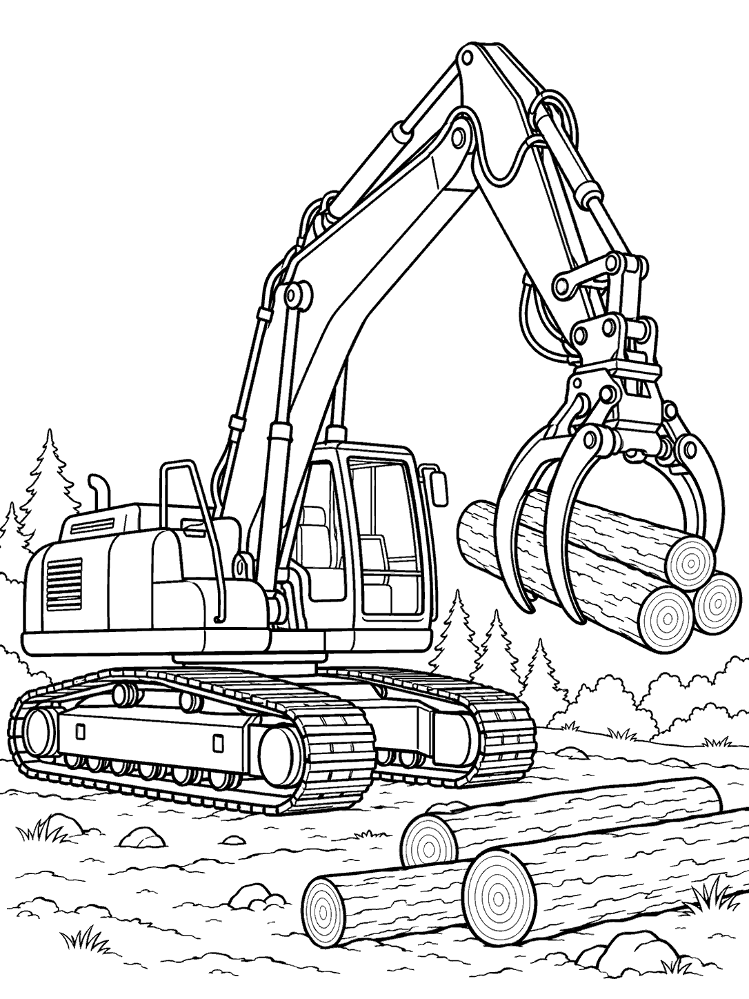 Tracked excavator with a claw-like grapple lifting logs, in a forest clearing coloring page.