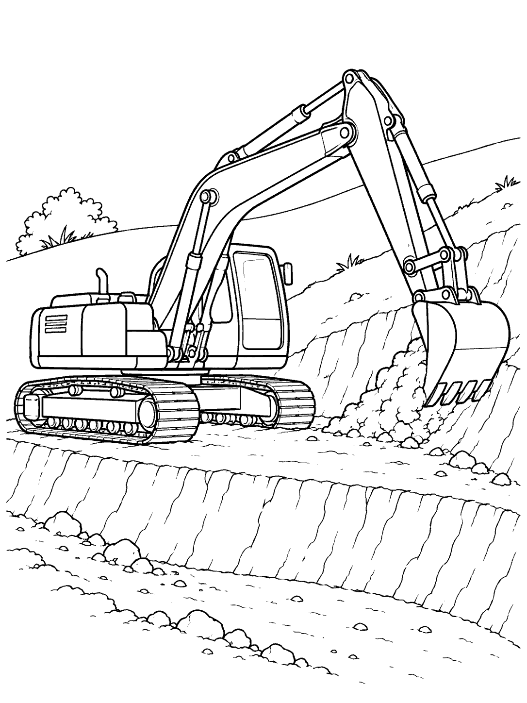 Excavator shaping a hillside terrace on a printable coloring page