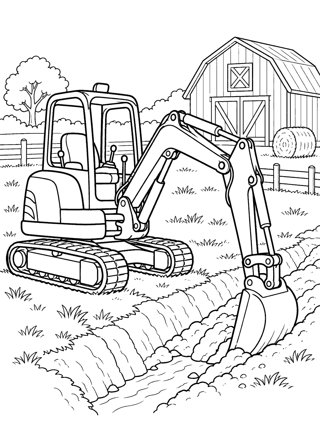 Black line art coloring page of a tracked excavator digging a shallow ditch near a barn, fence, and hay bale.