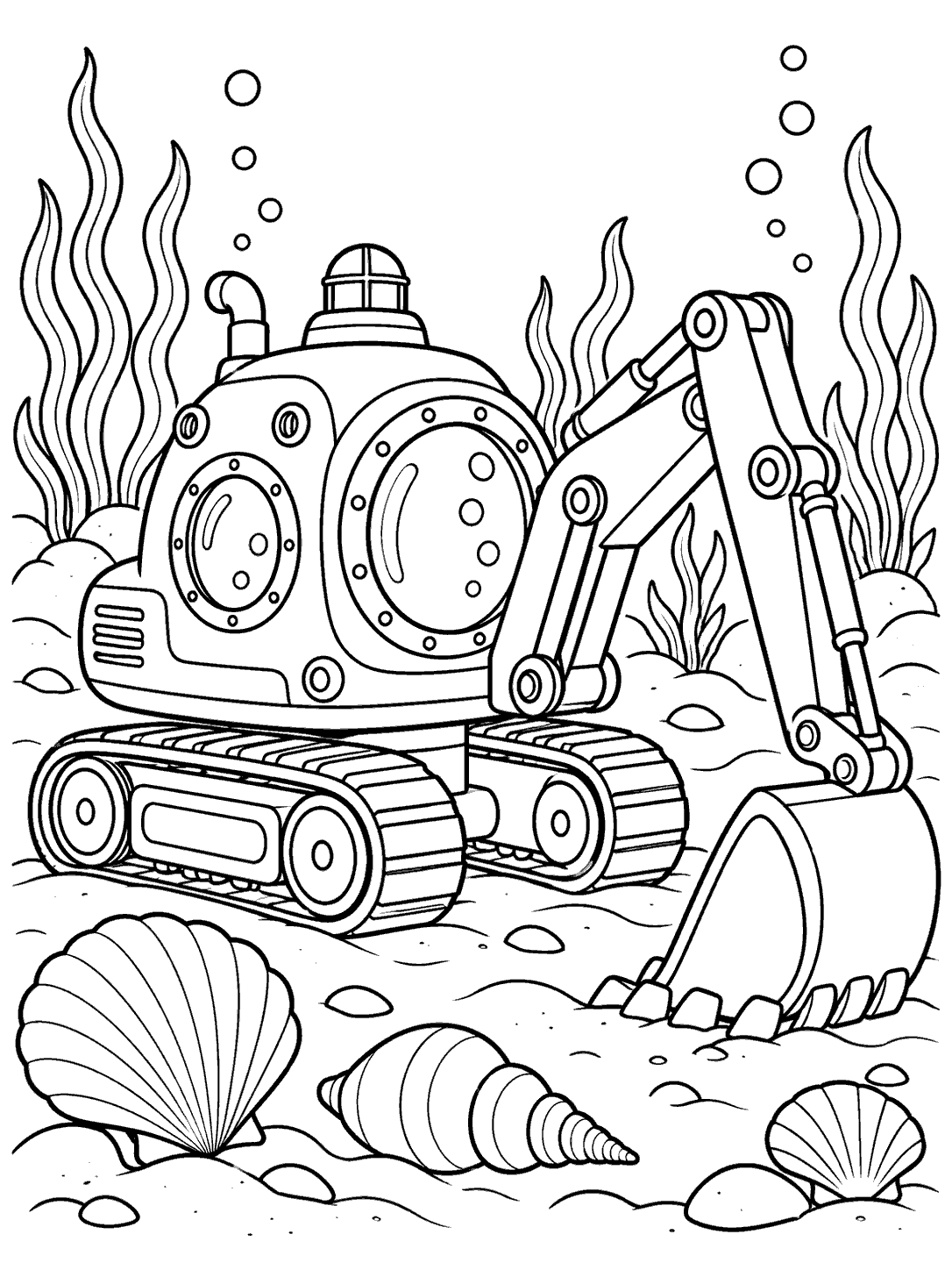 Black-and-white coloring page of an underwater excavator with round windows, sturdy tracks, an articulated arm, and seabed shells and seaweed.