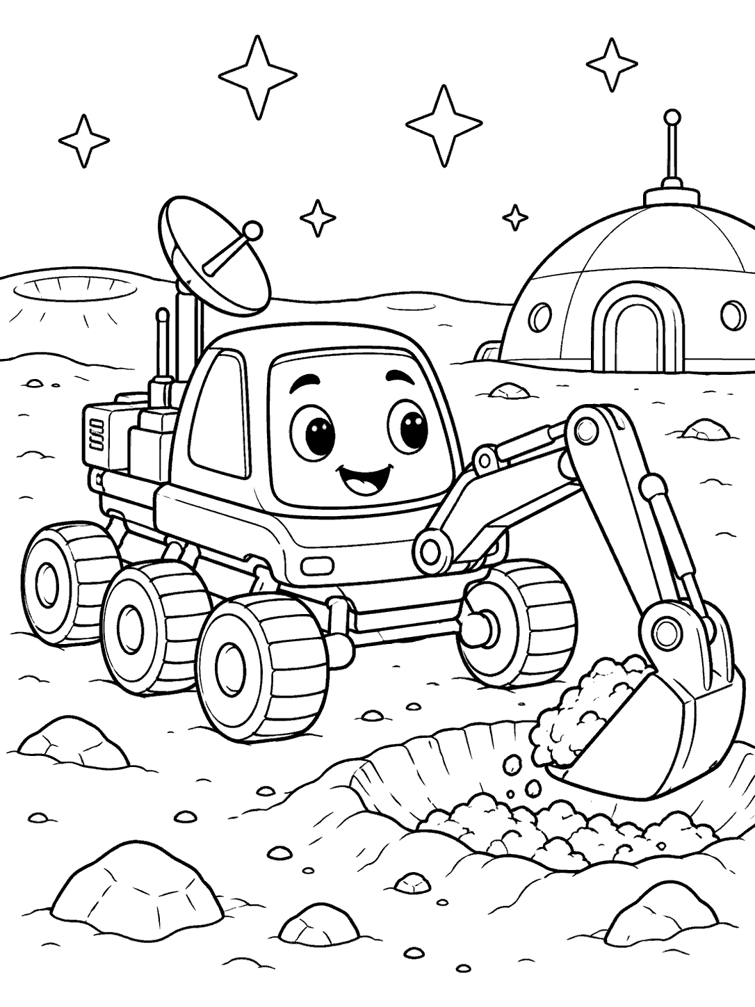 Friendly six-wheeled lunar excavator scooping a crater beside a moon base dome, with stars above.