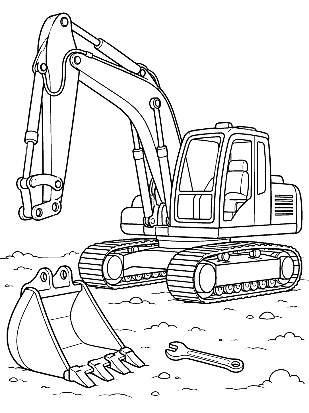 Black-and-white coloring page showing a tracked excavator with its bucket detached on the ground and a wrench nearby.