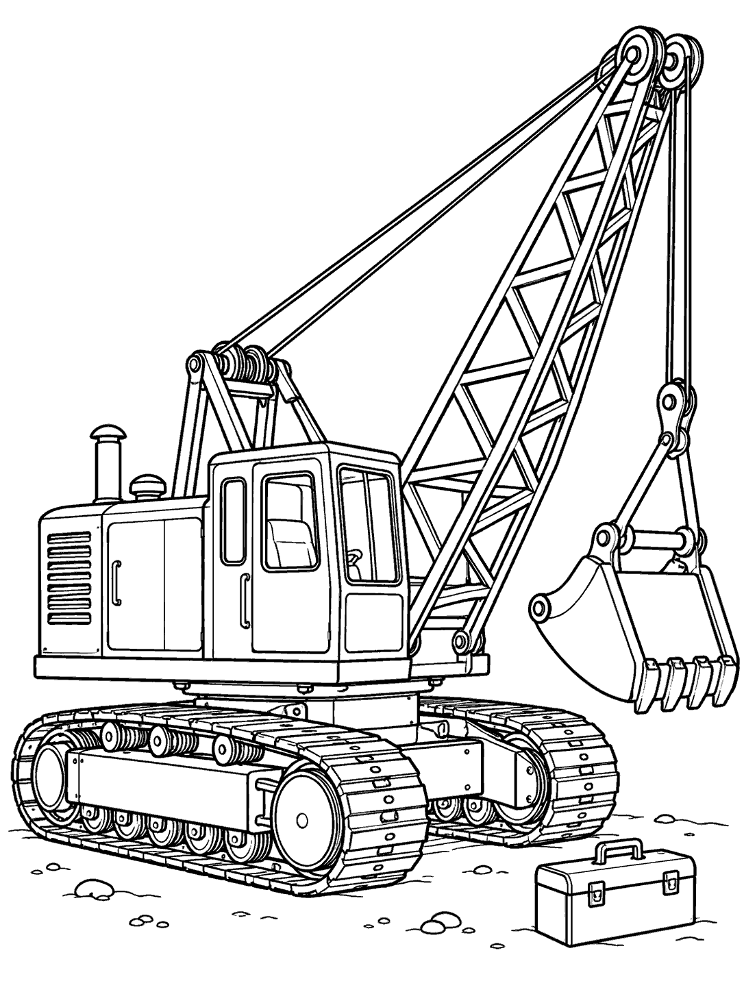Vintage cable-operated excavator with lattice boom, bucket, and toolbox coloring page