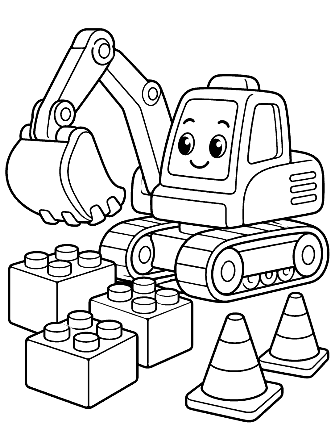 Friendly toy excavator with chunky tracks, blocks, and two traffic cones in a coloring page
