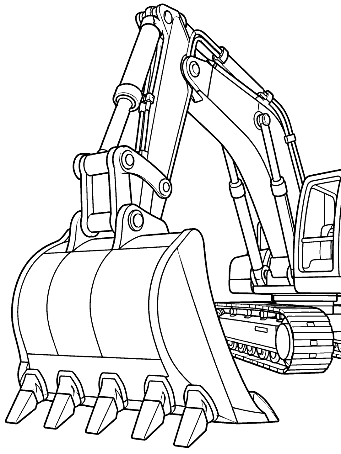 Black outline coloring page of a large excavator bucket in the foreground, attached to a boom and hydraulic arm, with part of the cab and track visible.