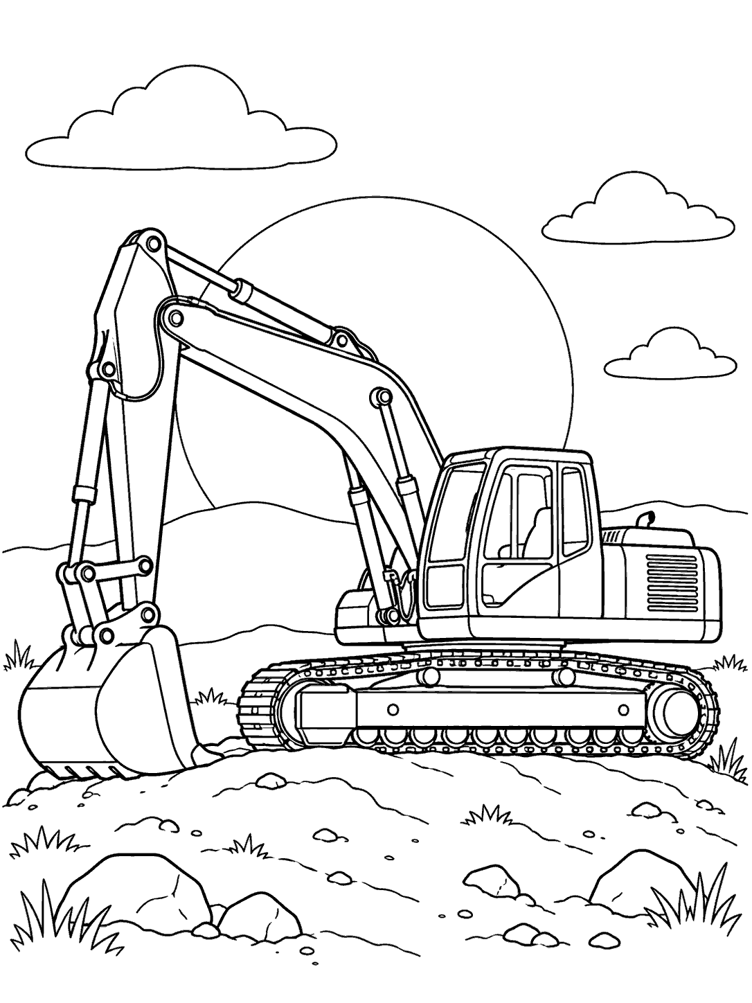 Profile excavator with its bucket on the ground, a large outlined sun, clouds, and rocky foreground on a coloring page