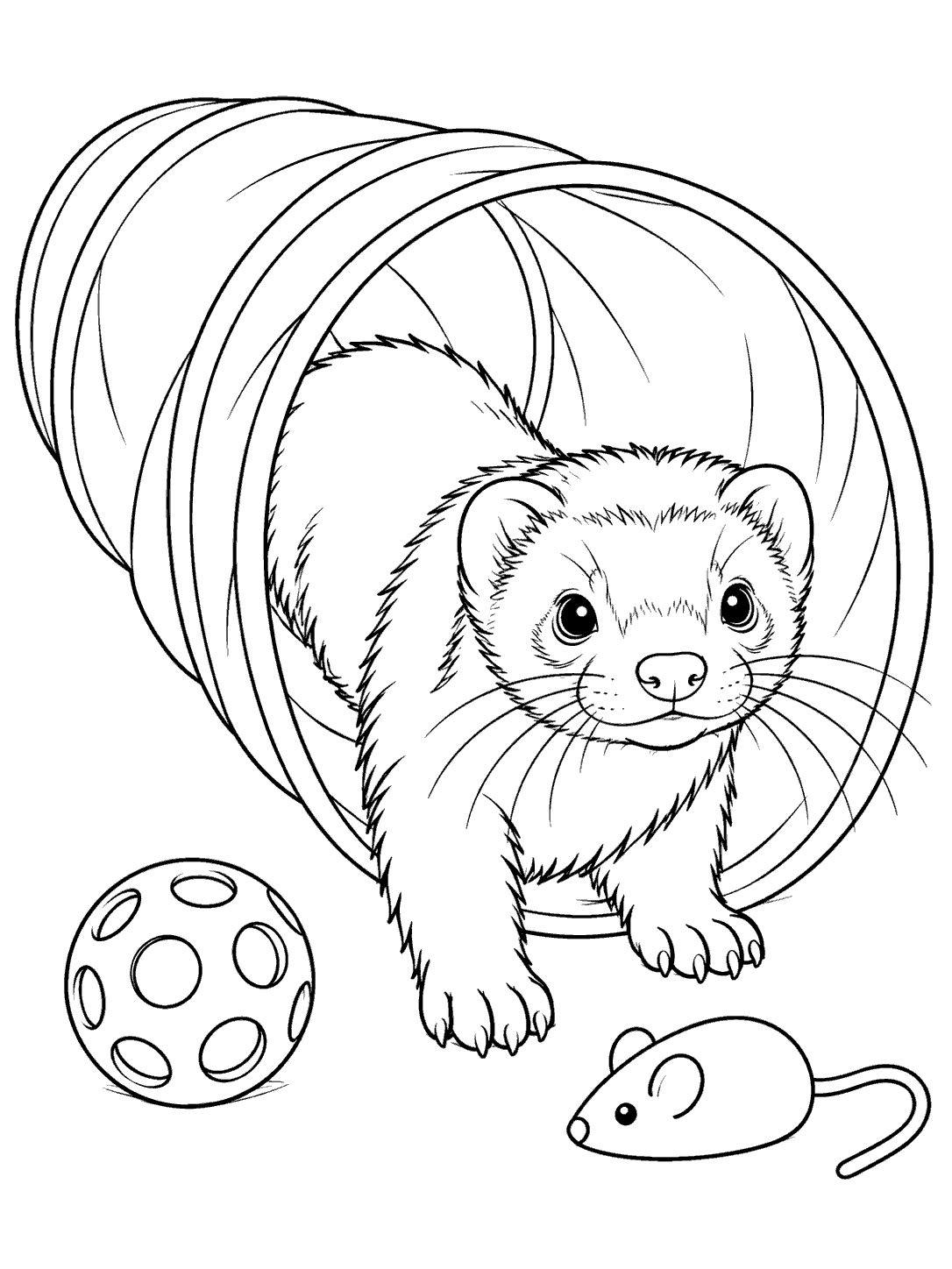 Black and white coloring page of a ferret crawling from a curved play tunnel beside a ball and toy mouse.
