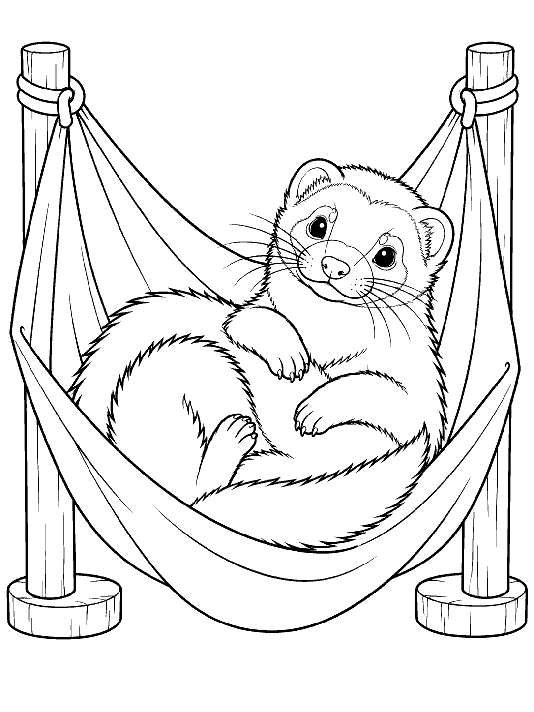 A curled ferret resting in a hammock between two posts, in a coloring page.