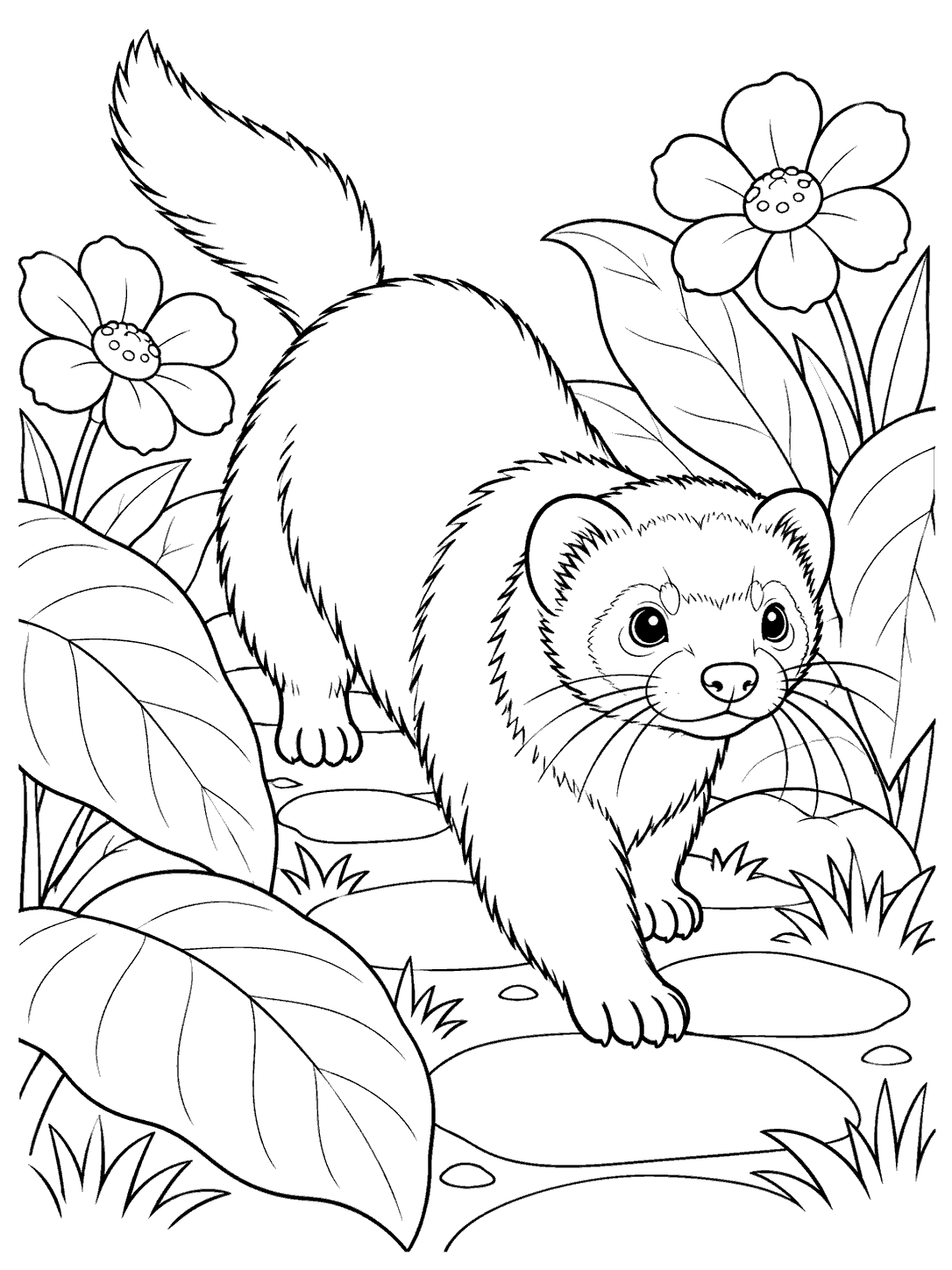 A long-bodied ferret walking along a stone garden path between oversized leaves and two flowers, in black-and-white coloring page line art.