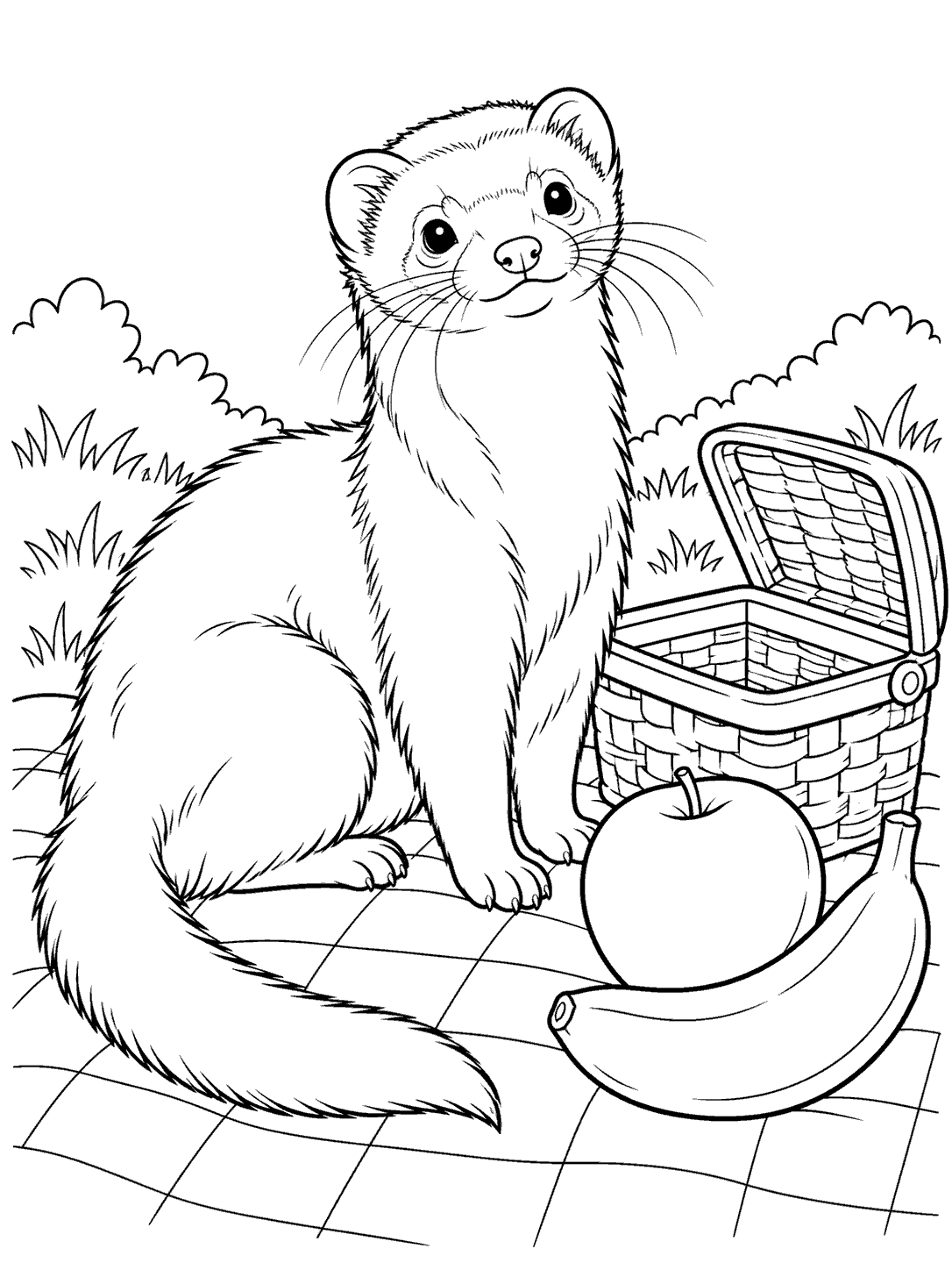 Line art coloring page of a ferret beside a picnic basket and fruit on a checked blanket