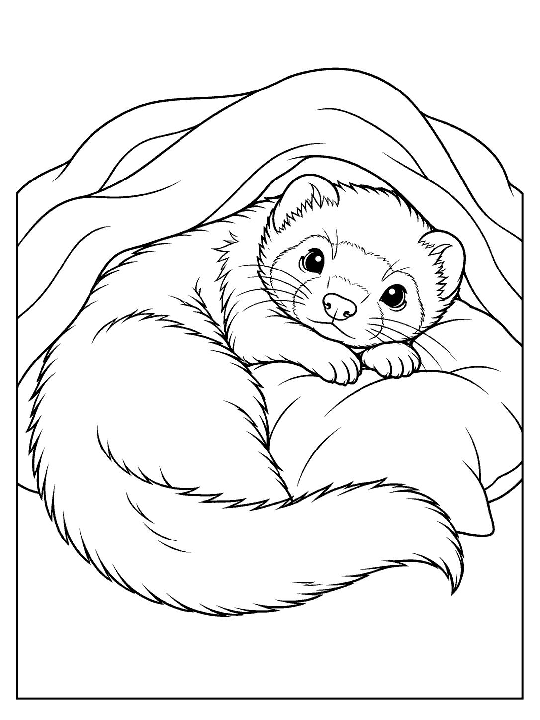 A curled ferret with its face and paws visible beneath a draped blanket, on a printable coloring page.