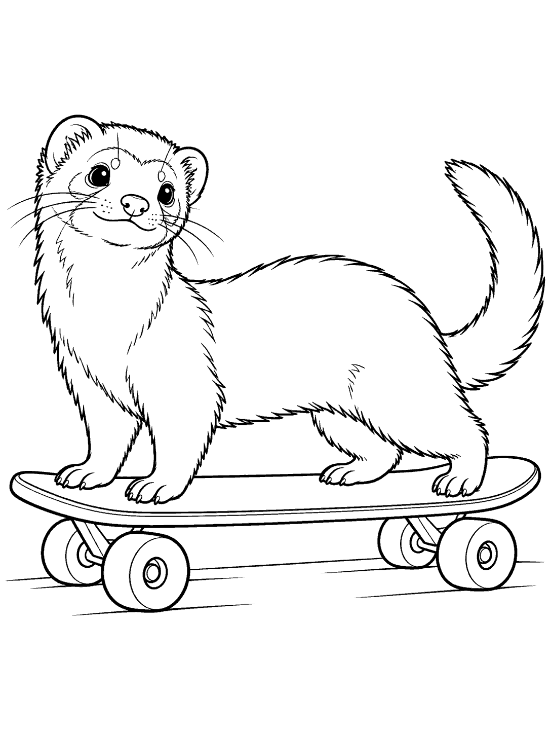 Line-art coloring page of a ferret standing on a skateboard, with its tail curved behind.