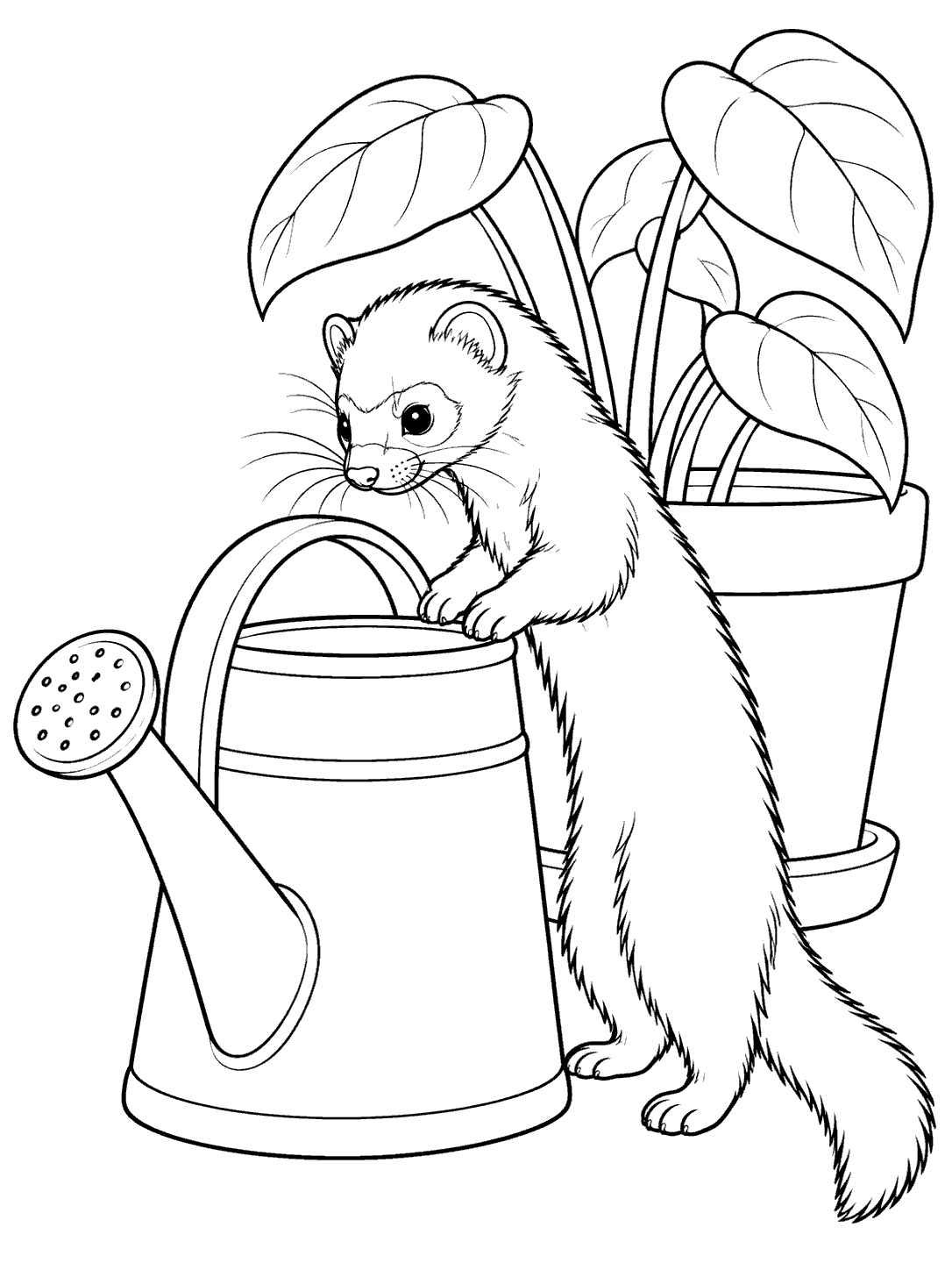 Ferret standing on its hind paws by a watering can and potted plant in a coloring page