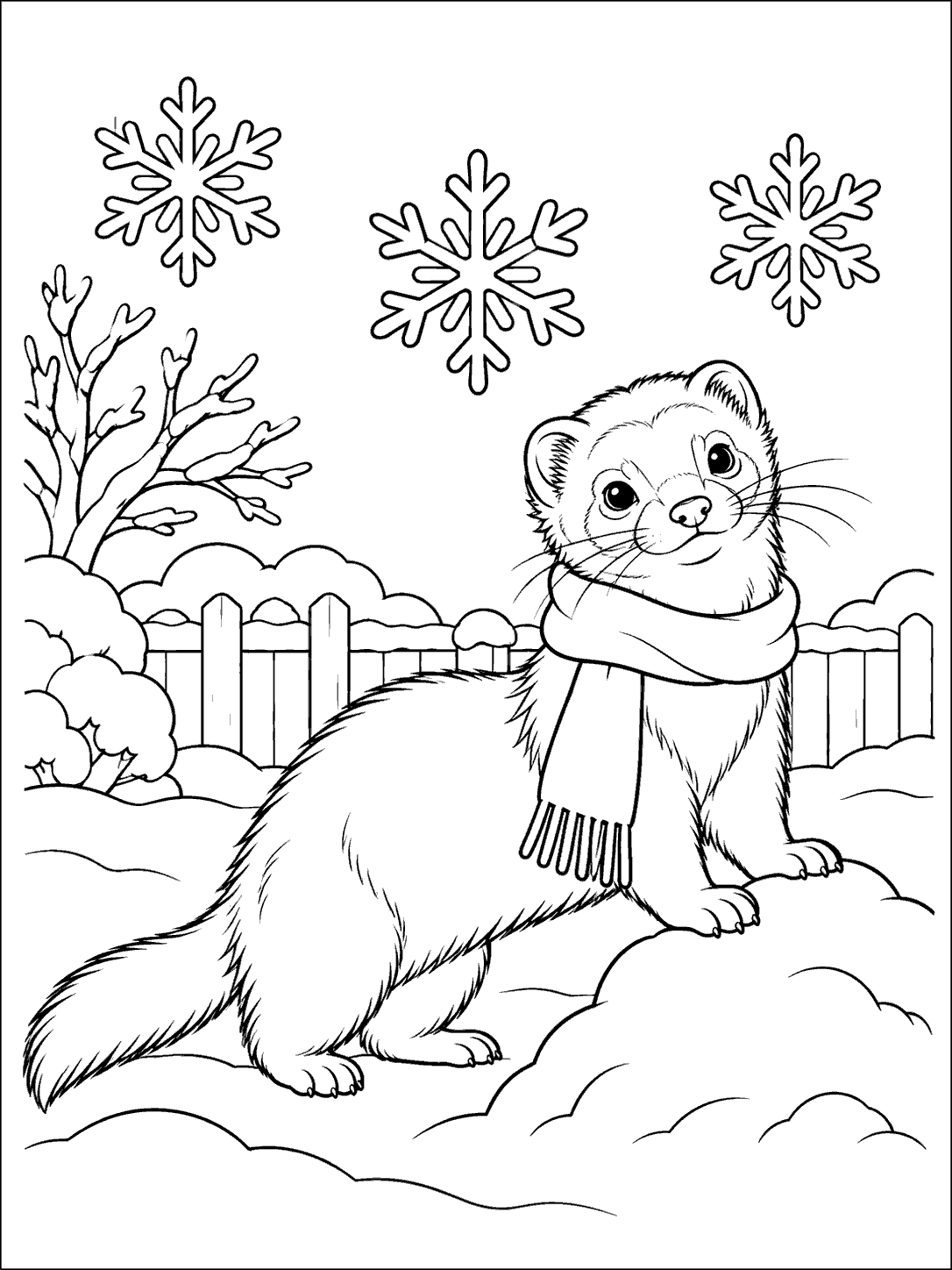 A long-bodied ferret wearing a scarf sits among snowdrifts with three snowflakes overhead, in a coloring page.