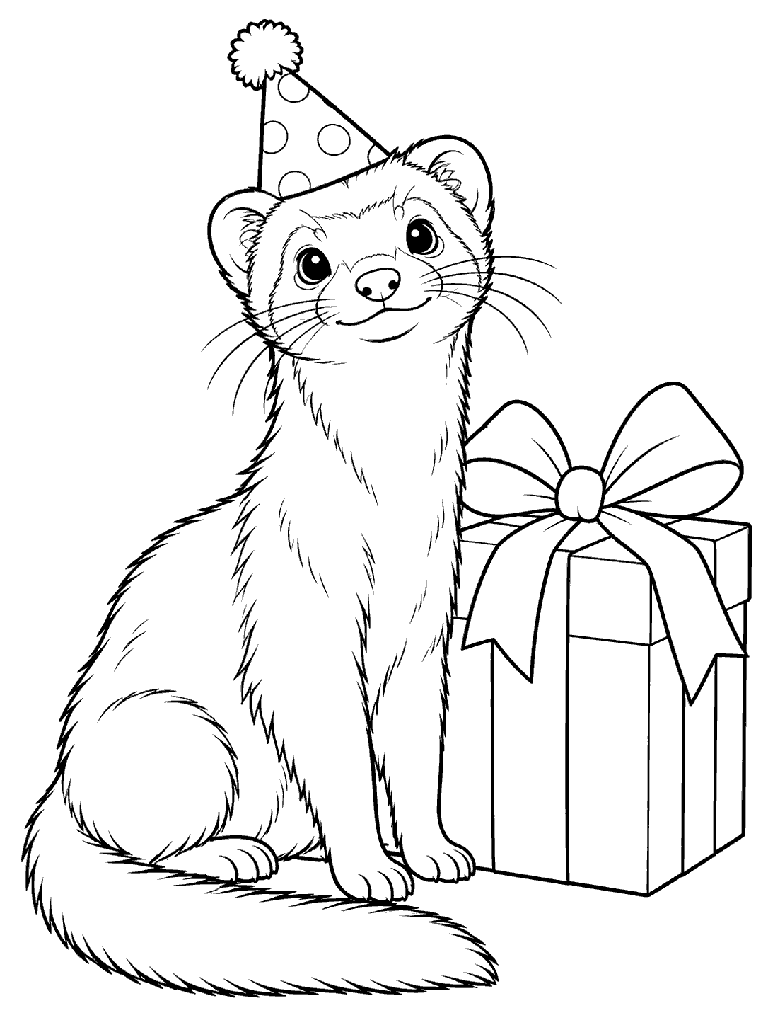 Upright ferret wearing a cone party hat beside a large wrapped gift with a bow, in a black and white coloring page