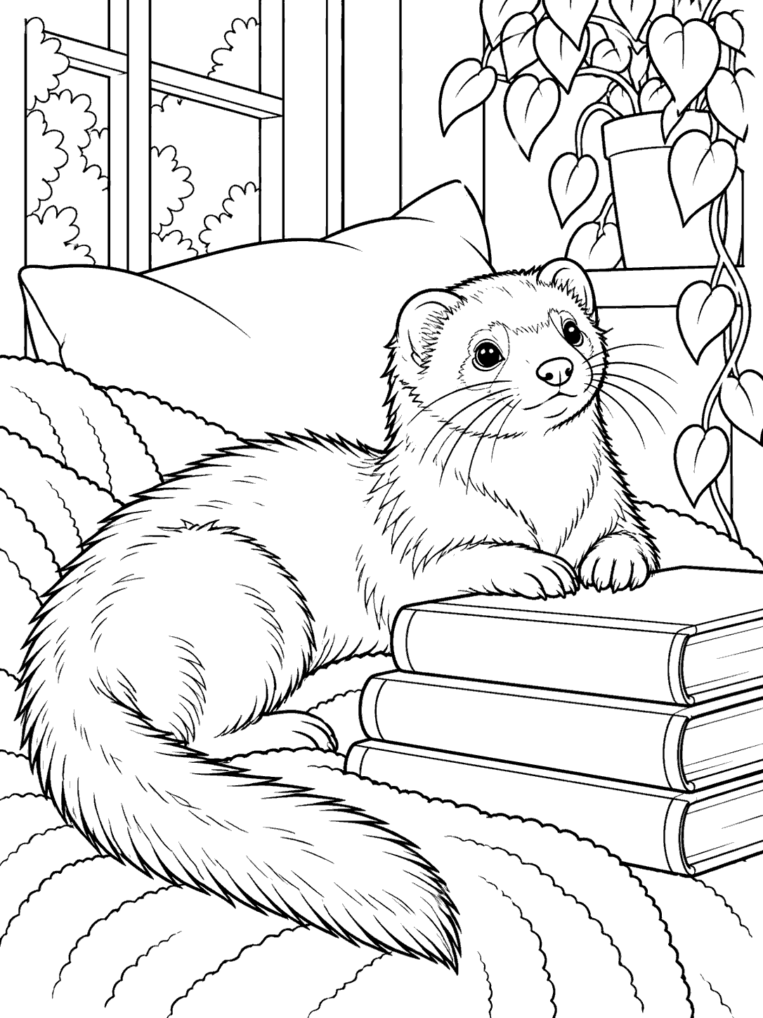 Line-art coloring page of a ferret resting beside a stack of three books, with a cushion, window, and trailing plant in the reading nook.