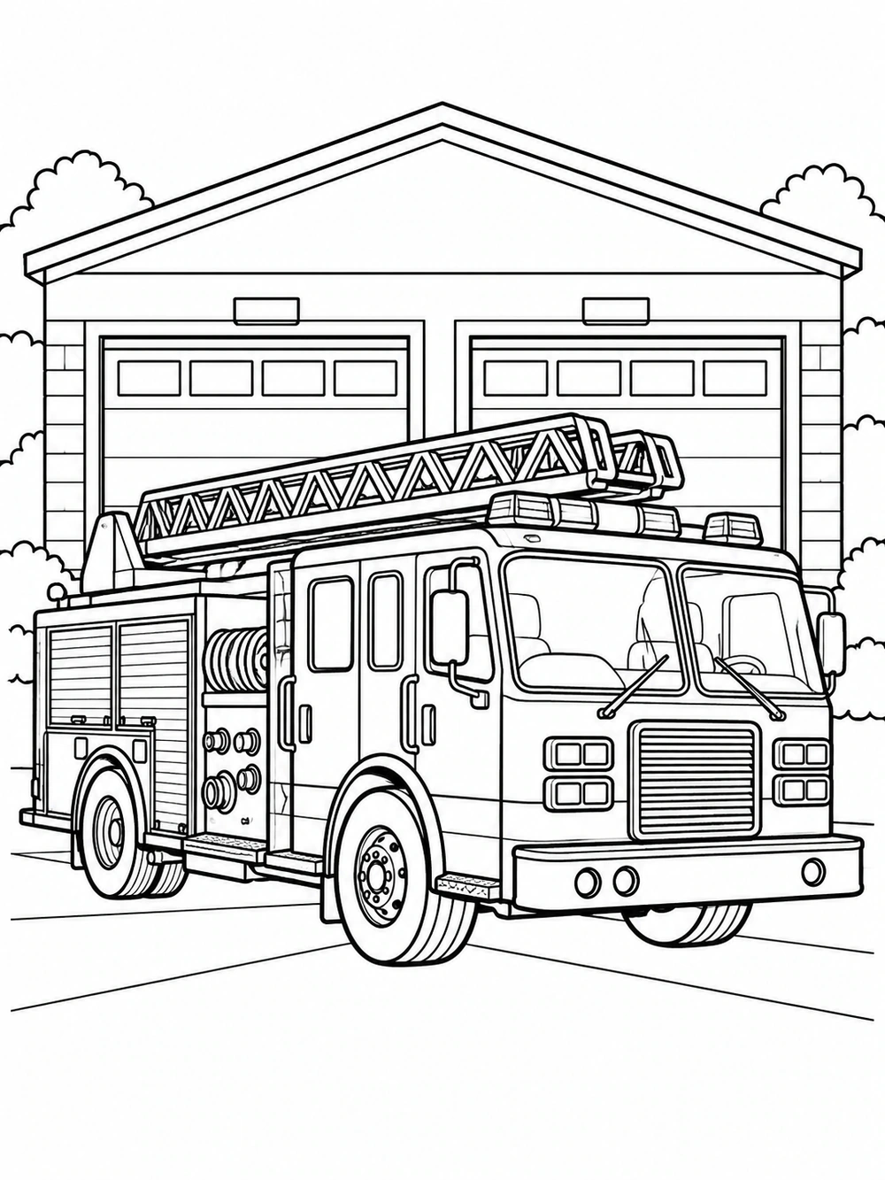 Detailed fire engine with a raised ladder parked in front of a fire station with two bay doors