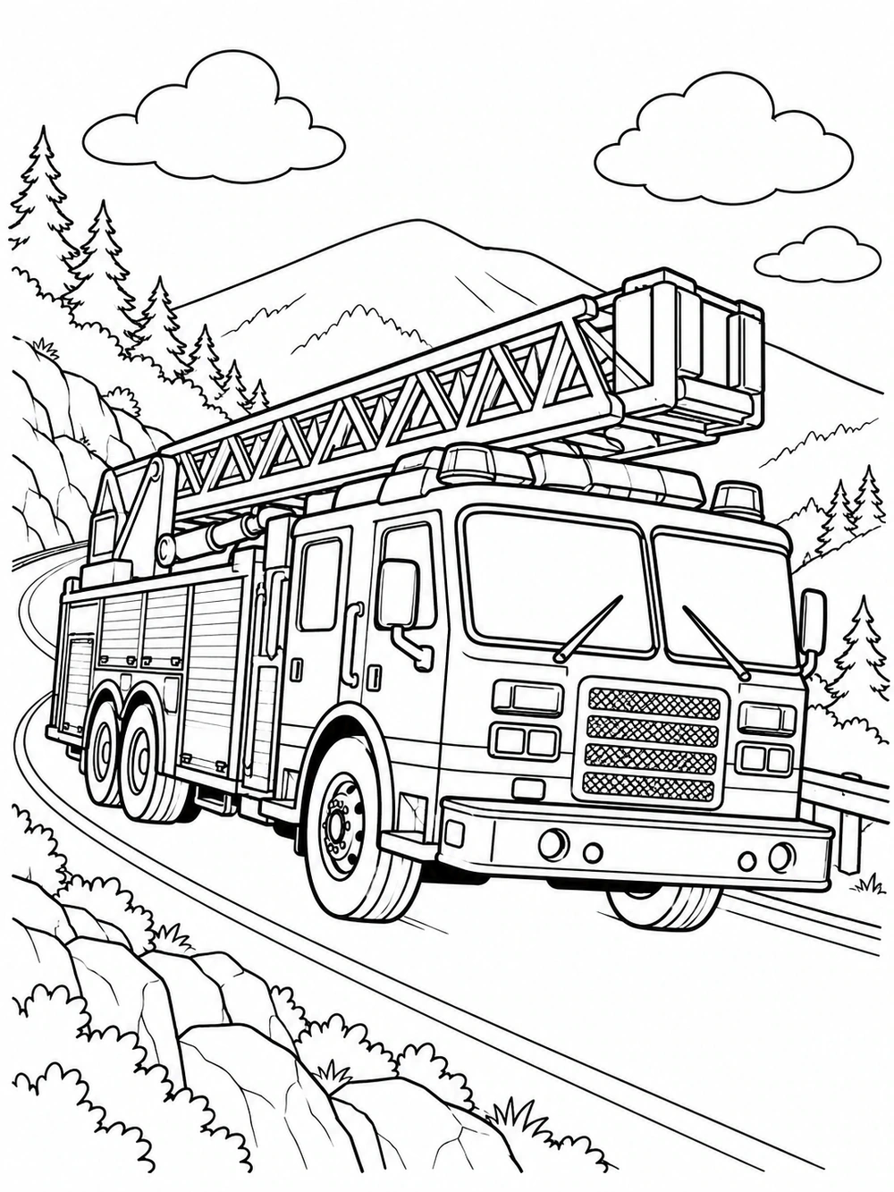 Large ladder fire truck driving along a mountain road, with hills, trees, and clouds