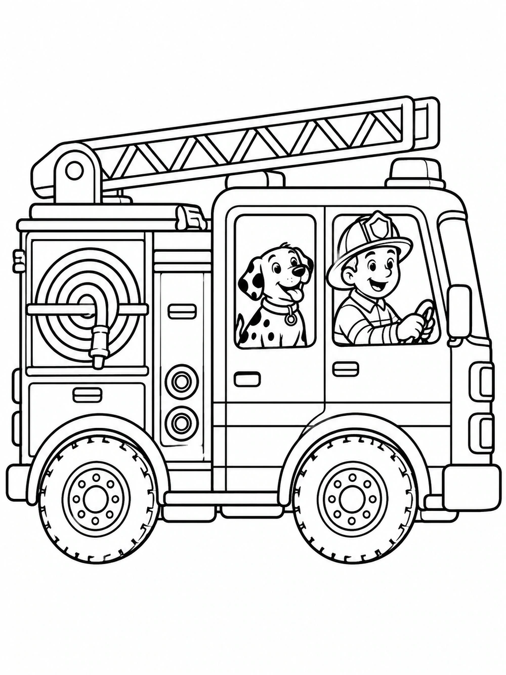 Fire truck carrying a Dalmatian dog beside a firefighter, with a hose and ladder.