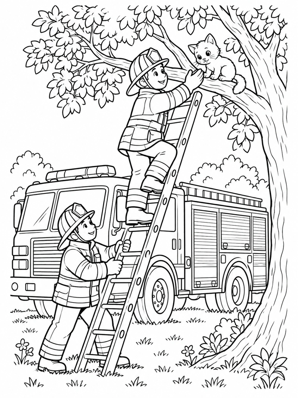 Two firefighters, a ladder, a kitten in a leafy tree, and a parked fire truck in a black-and-white coloring page.