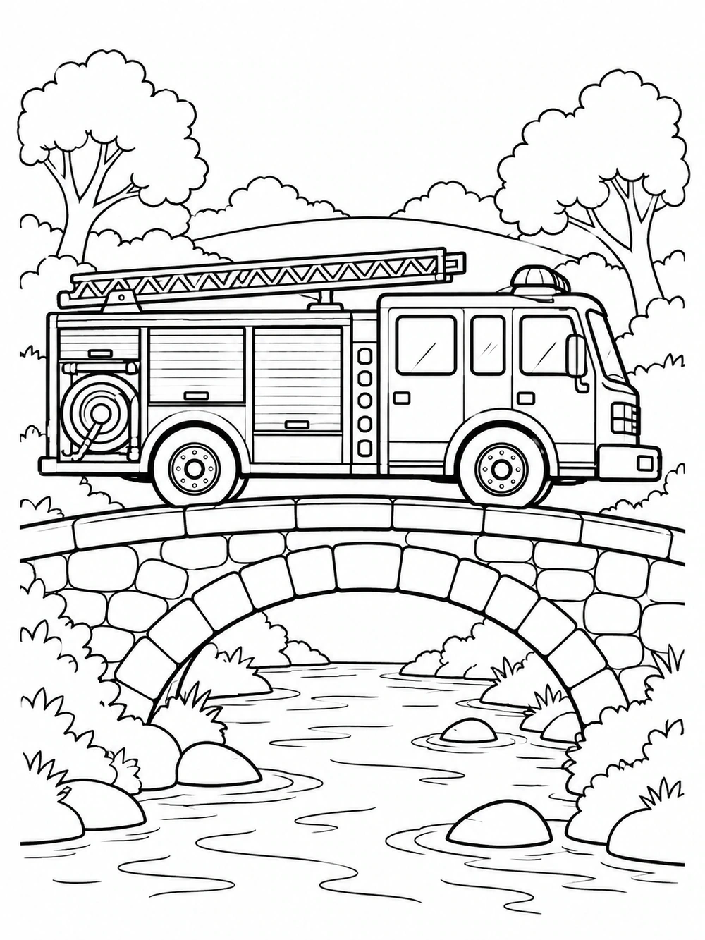 Side-view fire truck crossing a stone arched bridge over a stream, with rounded trees in the background.