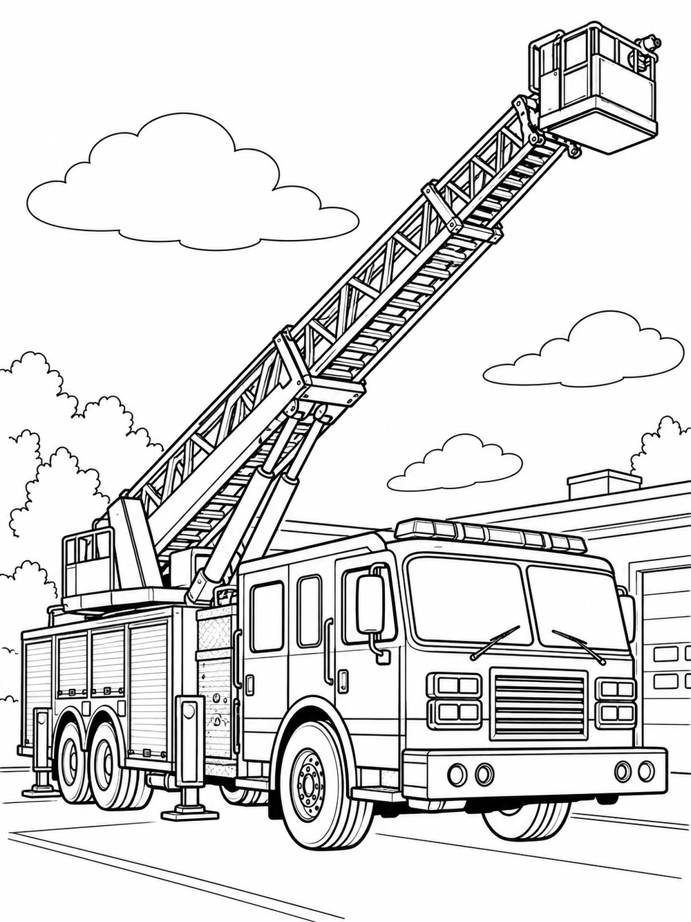 A detailed ladder fire truck with its extended ladder reaching diagonally toward a rescue basket, set beside a fire station.