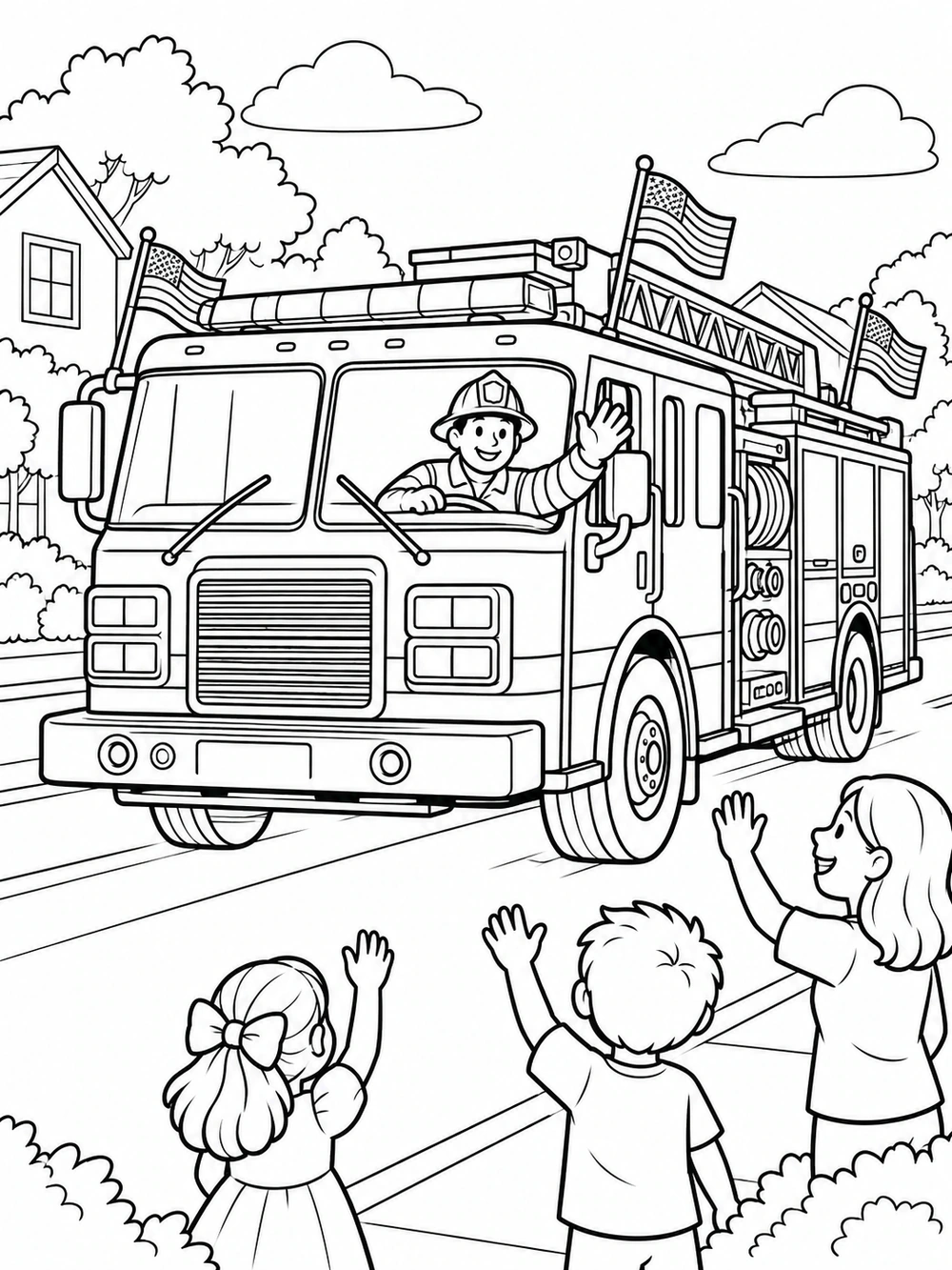 Decorated fire truck with flags passing three waving neighbors