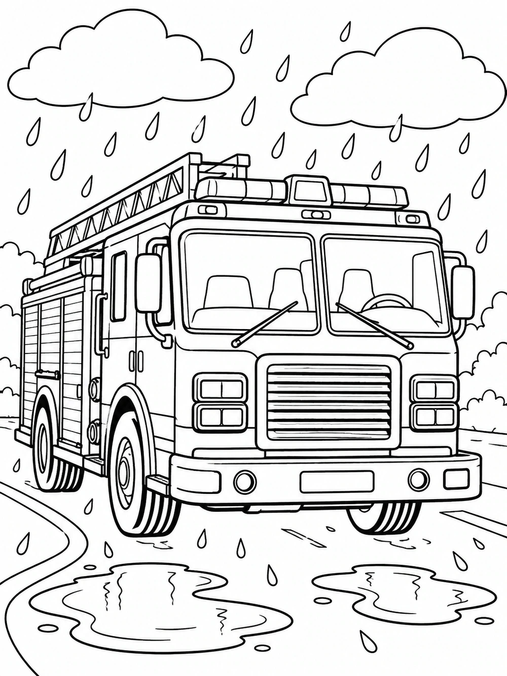 Front angled fire engine traveling through rain, with clouds, raindrops, and two puddles.