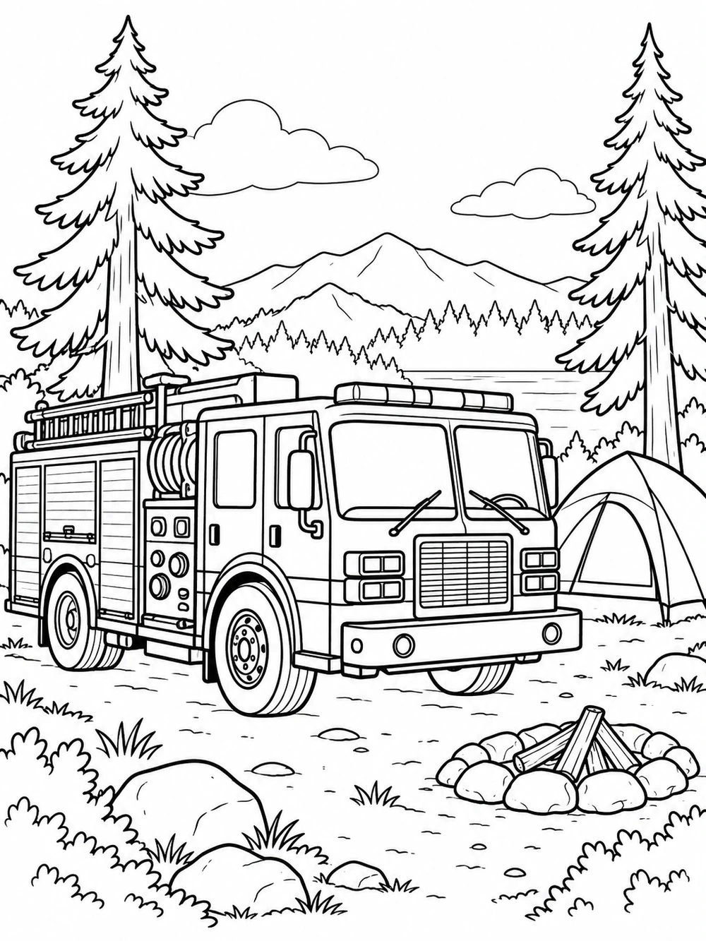 Fire truck with clear cab and hose details parked beside a tent and unlit campfire, with two tall pine trees in the background.